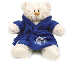 Happy Birthday - Cream bear velour blue bathrobe 38cm