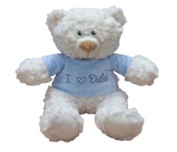 Cream Bear with trendy Blue Velour Hoodie "I Heart Dubai" Size 38cm - Embroidered