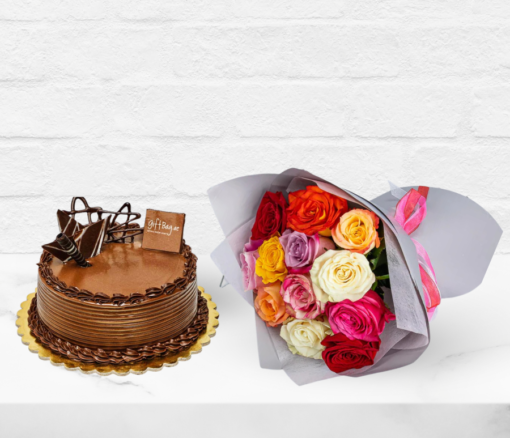 Dozen Multi Roses With Cake - Combo gift from Giftbag in Dubai, UAE