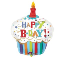 Happy Birthday Striped Cupcake Foil Balloon 29 x 36in